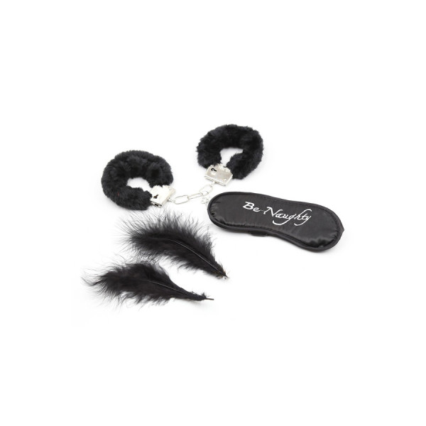 Kit coquin 4 pièces : Menottes, 1 plume et masque